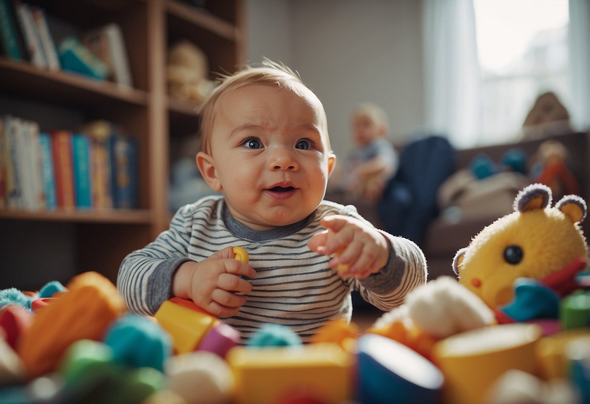 A baby's thumb hovers near its mouth, surrounded by toys and books. A parent looks on with concern
