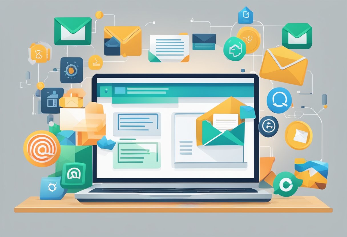 A laptop displaying a graph of increasing email open rates, surrounded by icons representing automation, personalization, and engagement