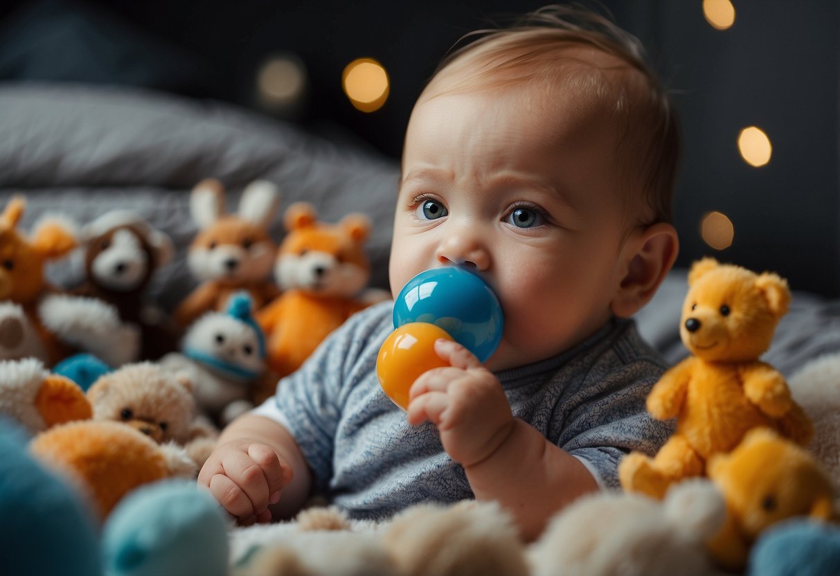 A baby's thumb hovers near its mouth, while a variety of toys and soothing objects surround it