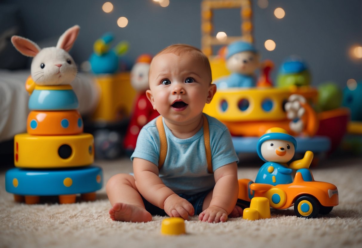 A child's toys make sounds. A baby listens and imitates. Language develops through sound play
