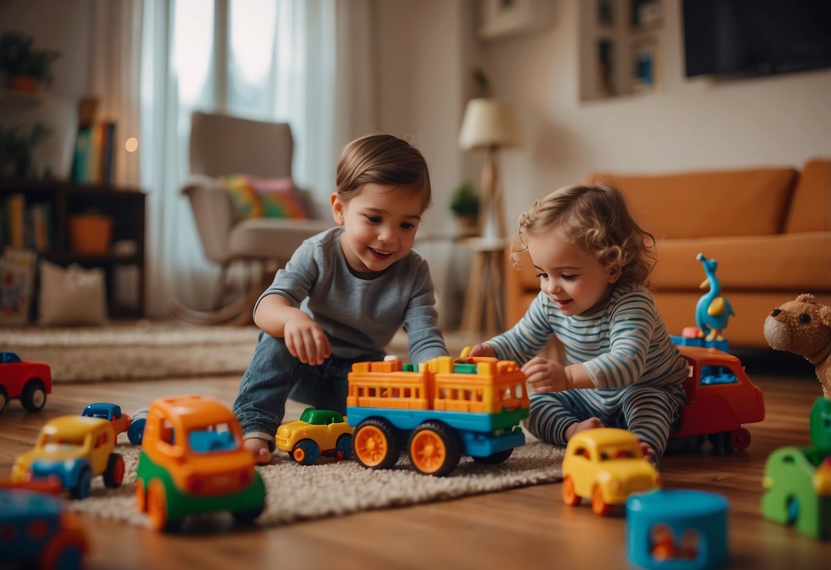 Children playing with toys, calling out "mommy" and "daddy" in a colorful, cozy living room setting. Books and educational toys scattered around