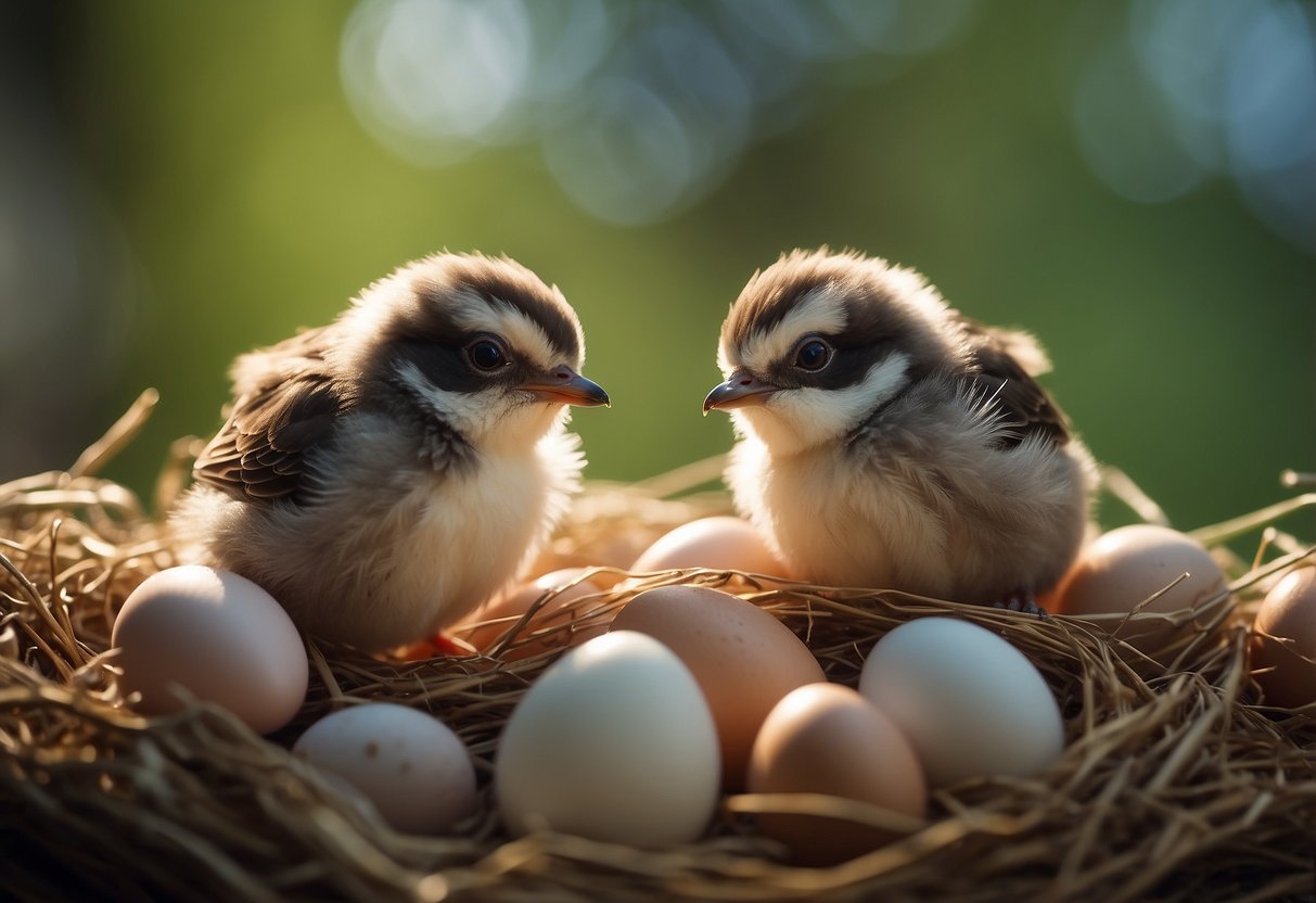 Two baby birds hatch from their eggs before the others, chirping eagerly for their parents' attention