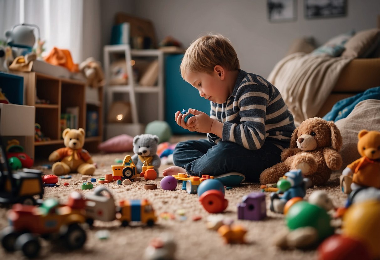 A messy room with scattered toys and a tired parent holding a crying toddler