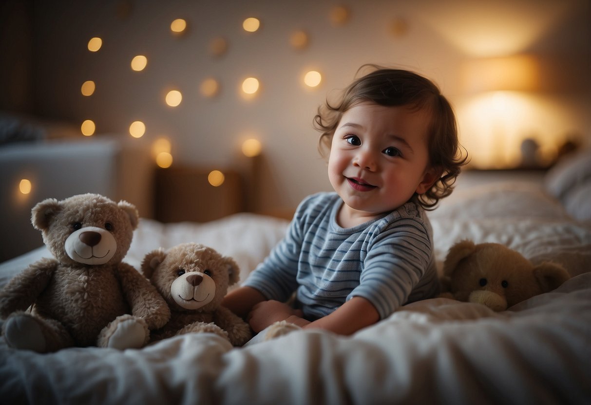 A 21-month-old toddler tosses and turns in bed, surrounded by stuffed animals and a favorite blanket. The room is dimly lit, with soft lullabies playing in the background