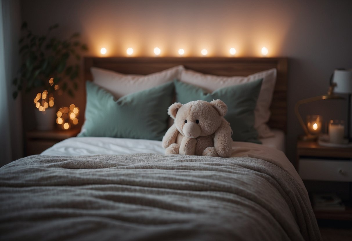 A cozy bedroom with soft lighting, a calming bedtime storybook, and a gentle lullaby playing in the background