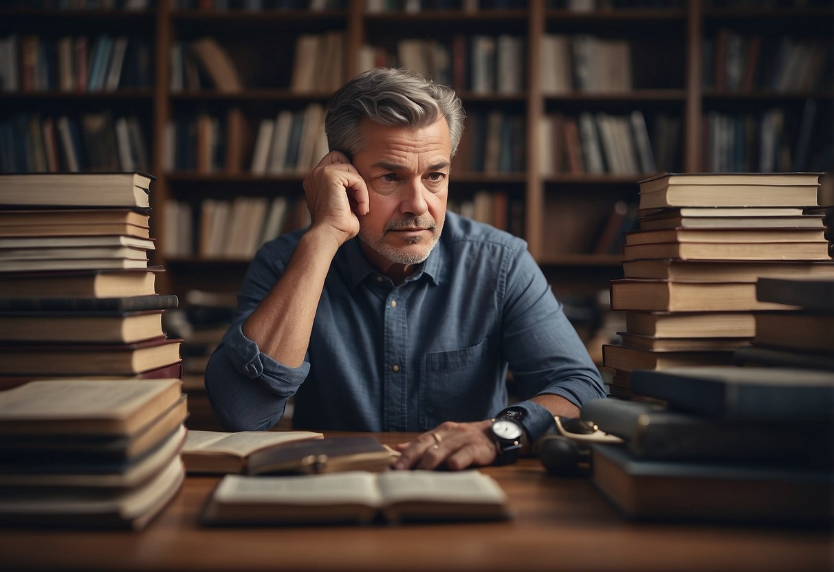 A tired parent sitting at a desk, surrounded by books and articles, with a puzzled expression while looking at a clock showing late hours