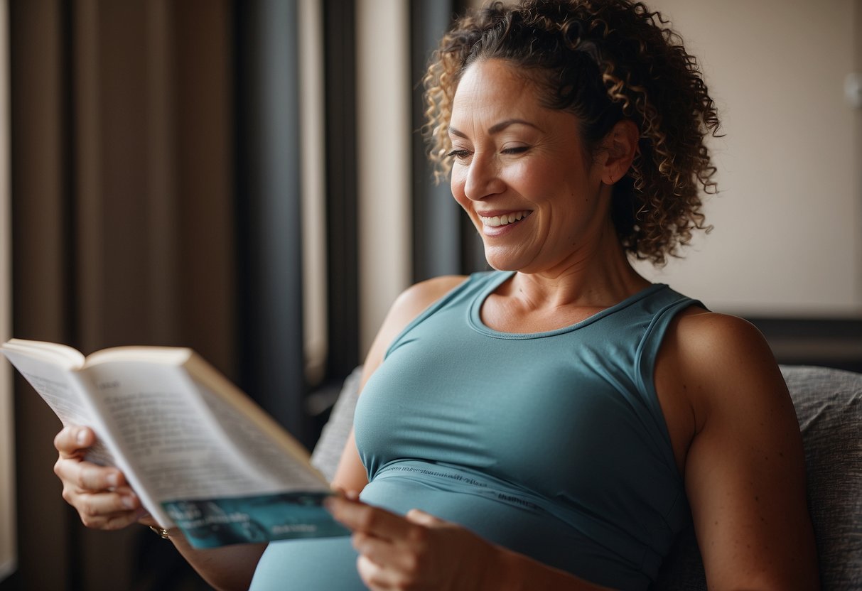 A 40-year-old woman exercising, eating healthy, and reading pregnancy books