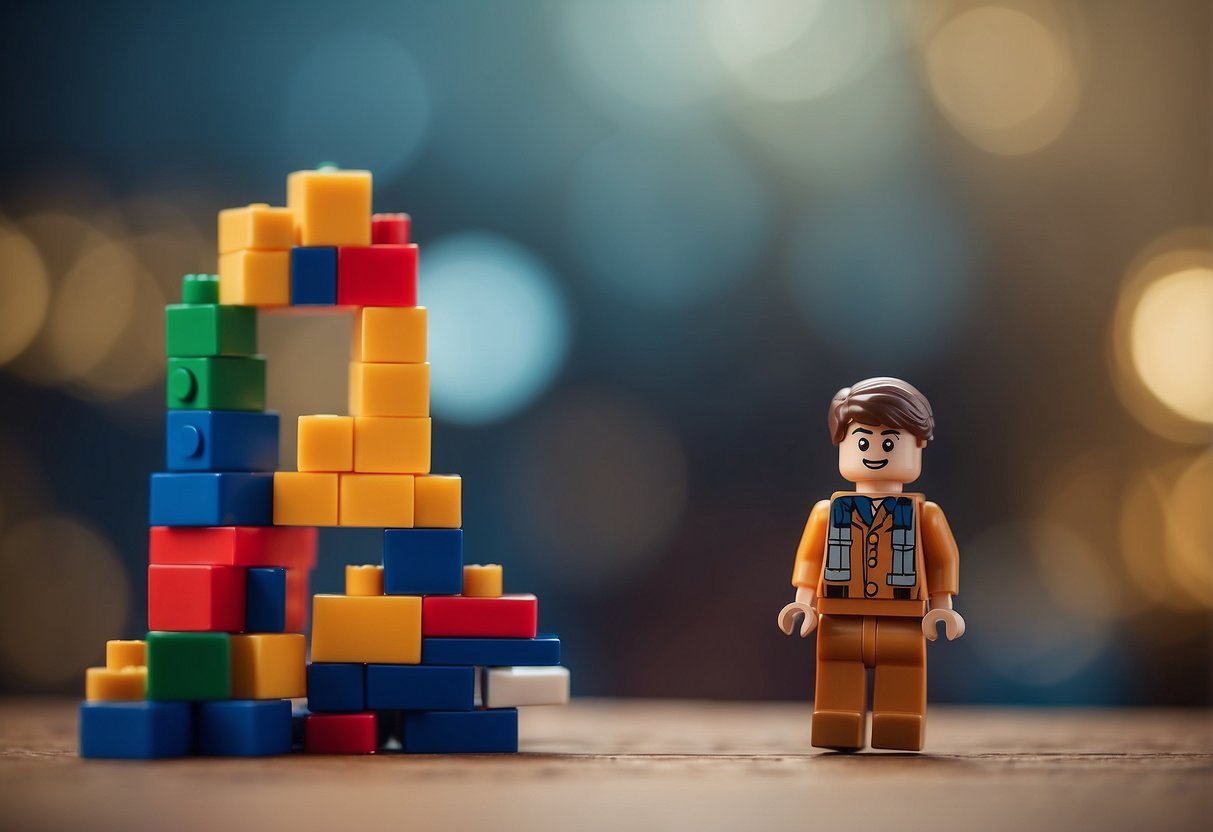 A small figure stands next to a stack of building blocks, looking up with curiosity