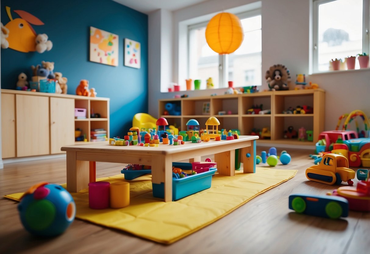 A colorful, busy playroom with toys scattered on the floor. A toddler's drawing on the wall and a low table with crayons and paper