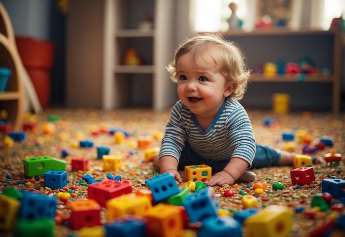 Toddlers playing together in a colorful, chaotic room with toys scattered everywhere. Laughter and chatter fill the air as they interact and explore