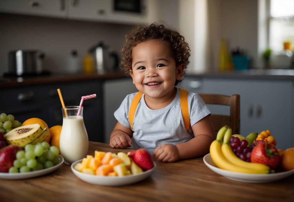 A happy, energetic toddler sits at a table surrounded by colorful, healthy foods. A plate of fruits, vegetables, and whole grains is in front of them, while a glass of milk sits nearby