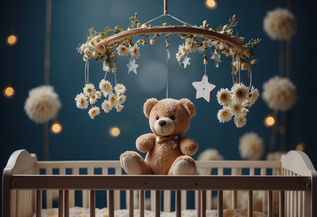 A broken baby mobile hangs motionless above an empty crib, surrounded by wilted flowers and a single tear-stained teddy bear