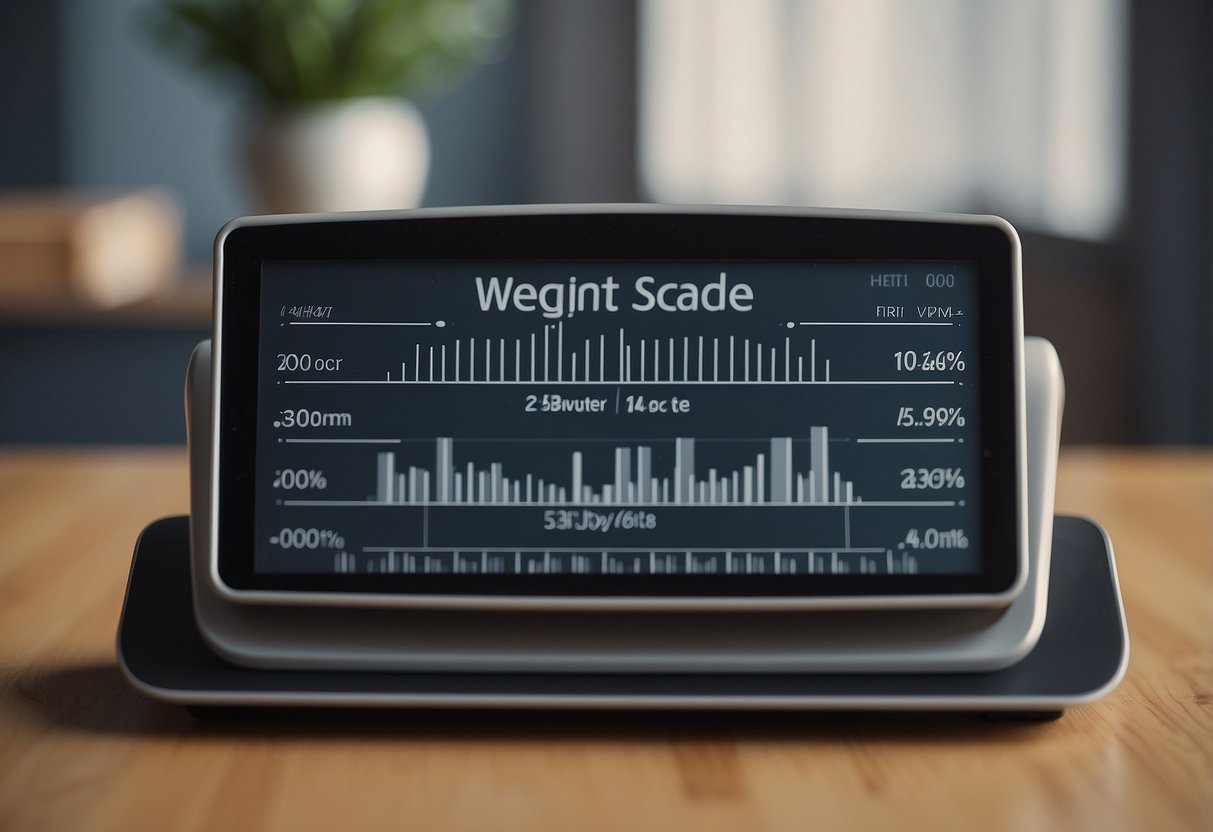 A baby scale with a digital display showing the weight in pounds or kilograms. A growth chart on the wall with height and weight percentiles