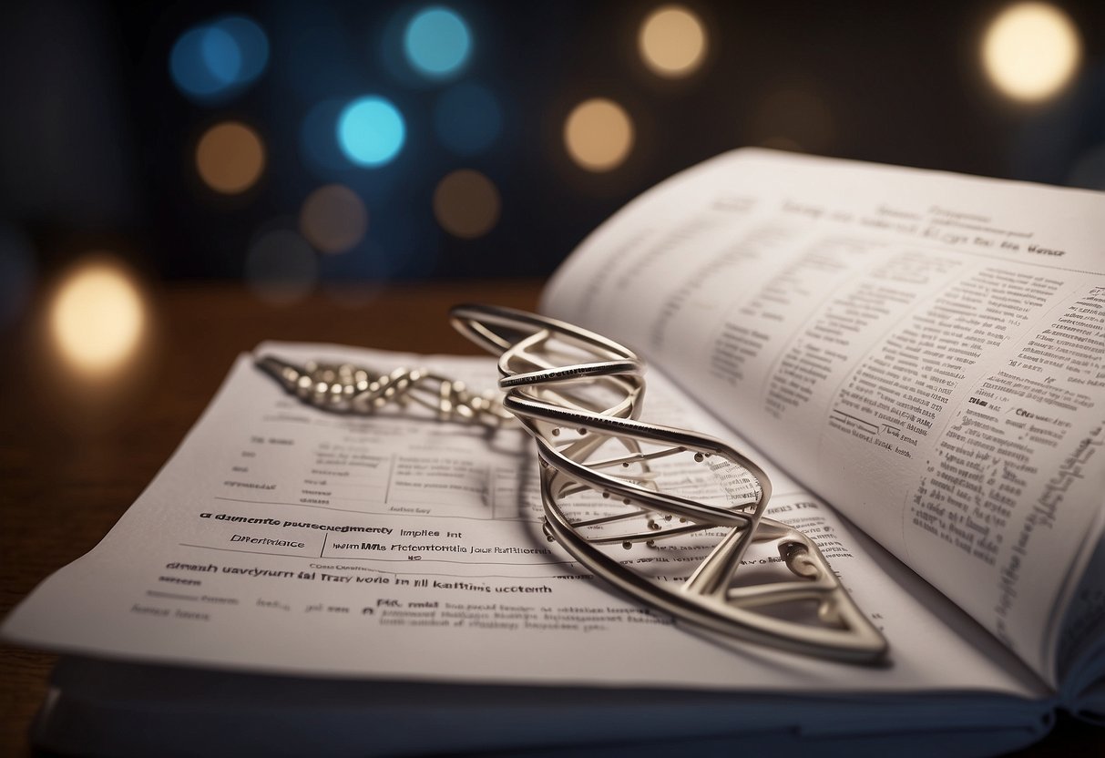 A pair of identical DNA helixes representing twin genetics, with a probability chart and scientific research papers in the background