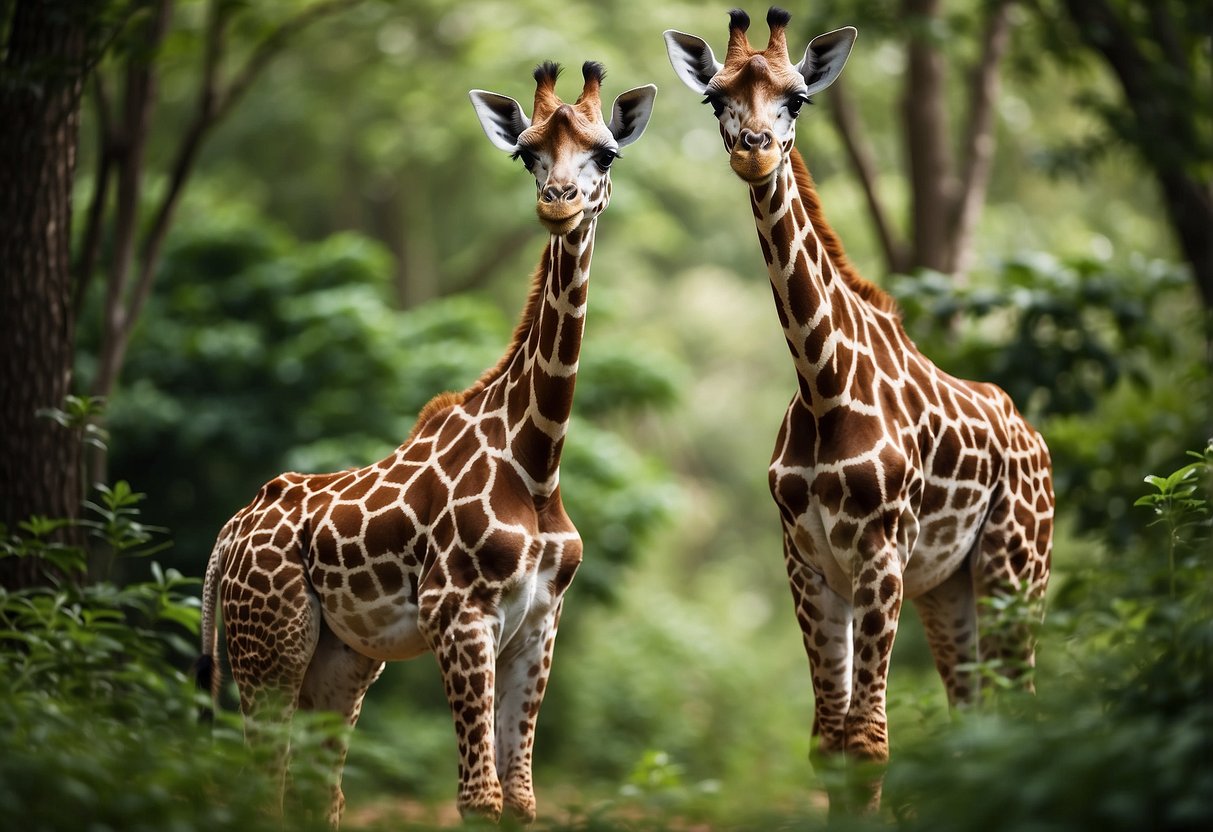 A pair of identical twin baby giraffes standing next to each other, surrounded by tall trees and lush greenery