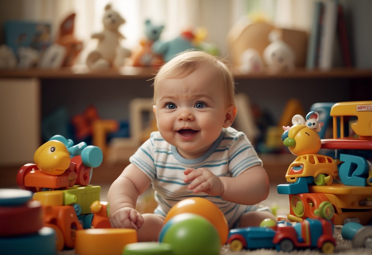 An 11-month-old should say a few simple words like "mama" or "dada." Show a baby surrounded by toys and books, babbling and pointing at objects
