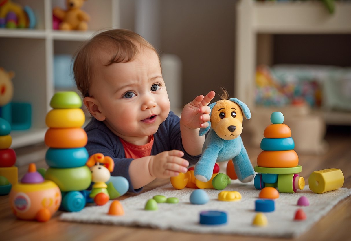 An 11-month-old sits surrounded by toys, babbling and making sounds. A speech therapist points to a chart with words and gestures for the child to imitate