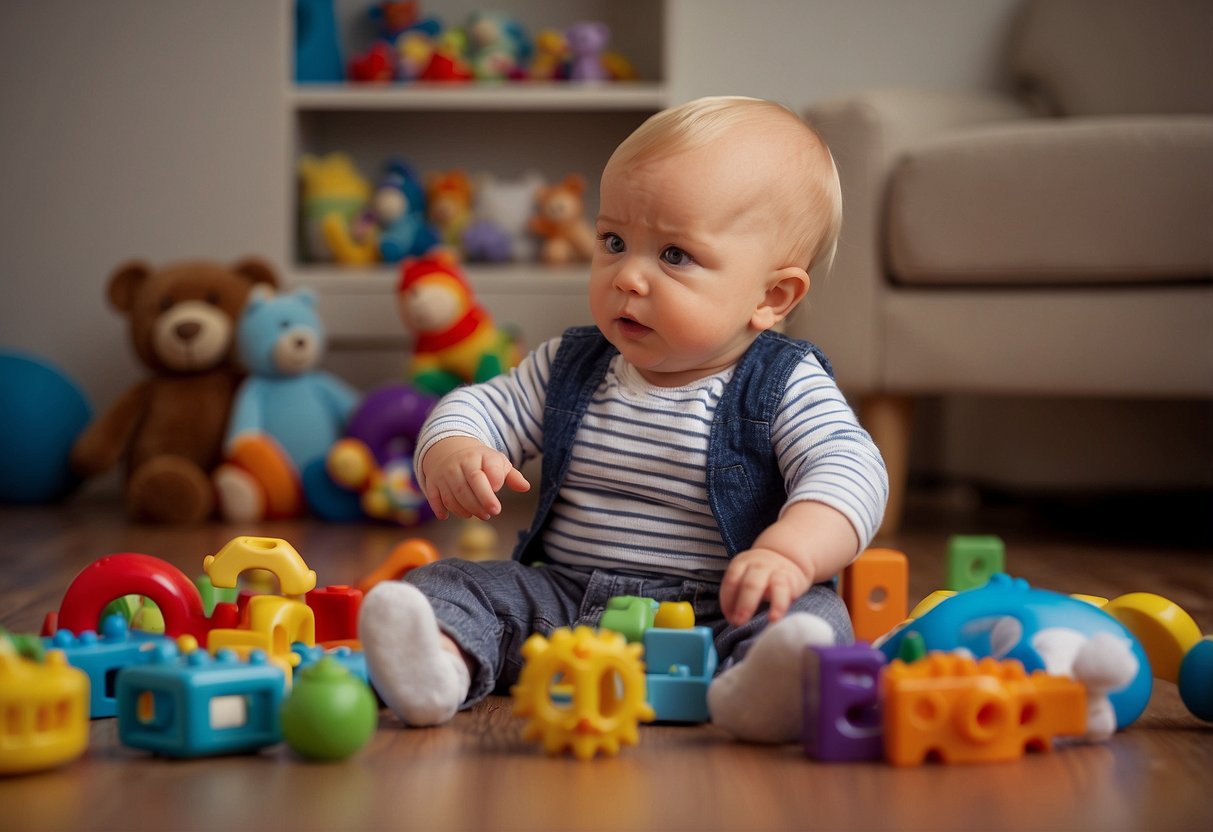 An 11-month-old sits surrounded by toys, babbling and pointing. A concerned parent looks up "When to Seek Professional Advice" on their phone