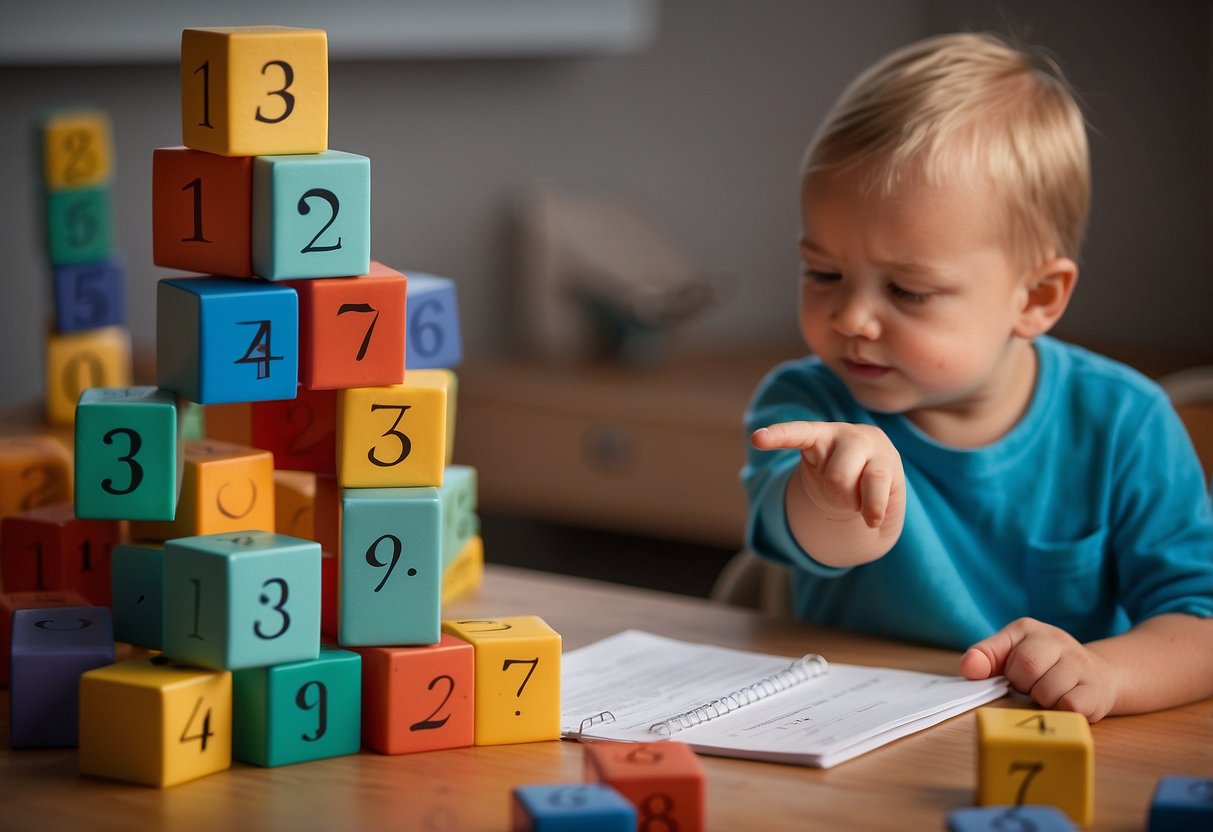 A stack of colorful blocks with numbers and letters, a toddler pointing and babbling, a speech therapist jotting down notes