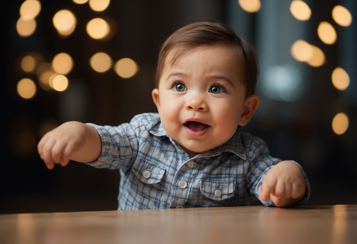 A 20-month-old can say around 50 words. Illustrate a child pointing at objects and attempting to speak