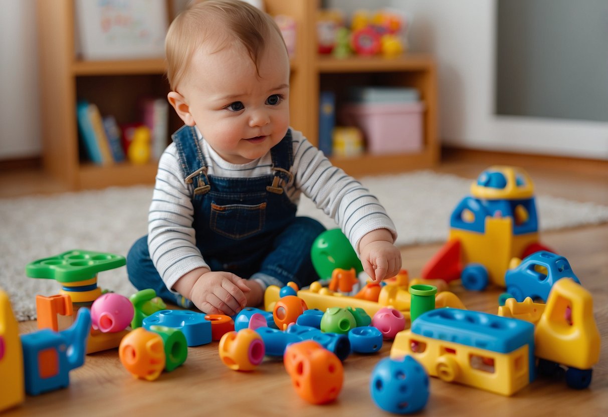 A 20-month-old plays with colorful toys, pointing and babbling. Books are scattered around, with pictures and simple words. An adult engages in conversation, encouraging the child to repeat words and sounds