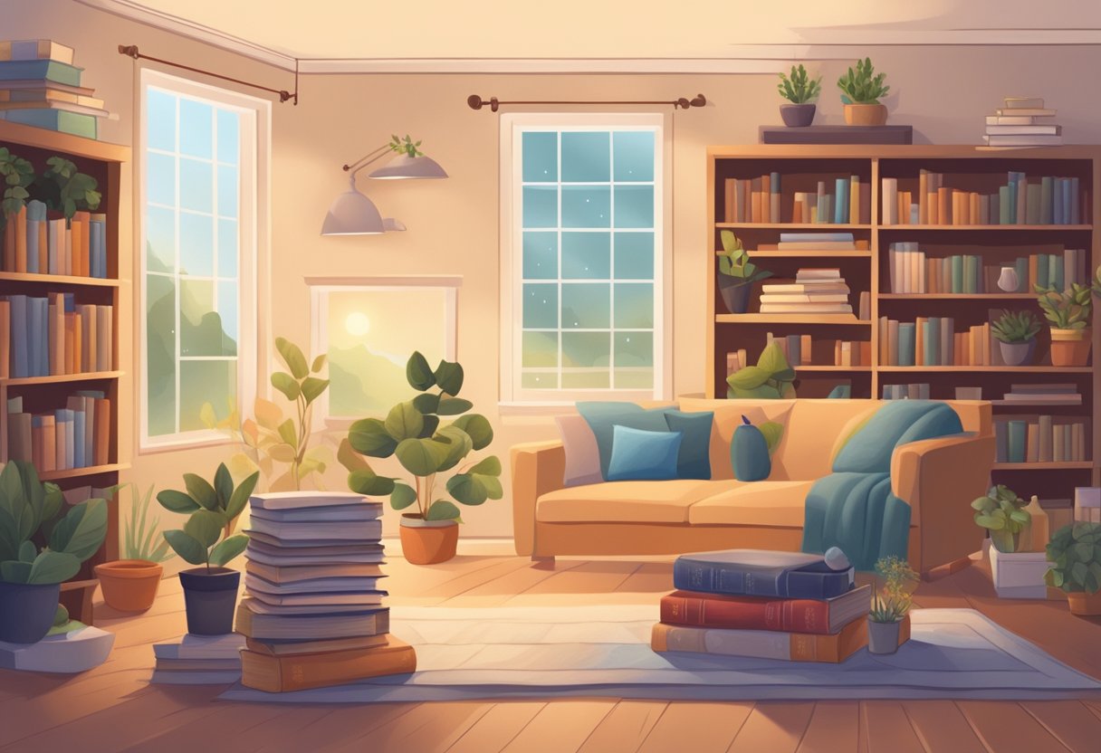 A peaceful scene of a cozy home with books on gentle parenting, self-care items, and a serene atmosphere