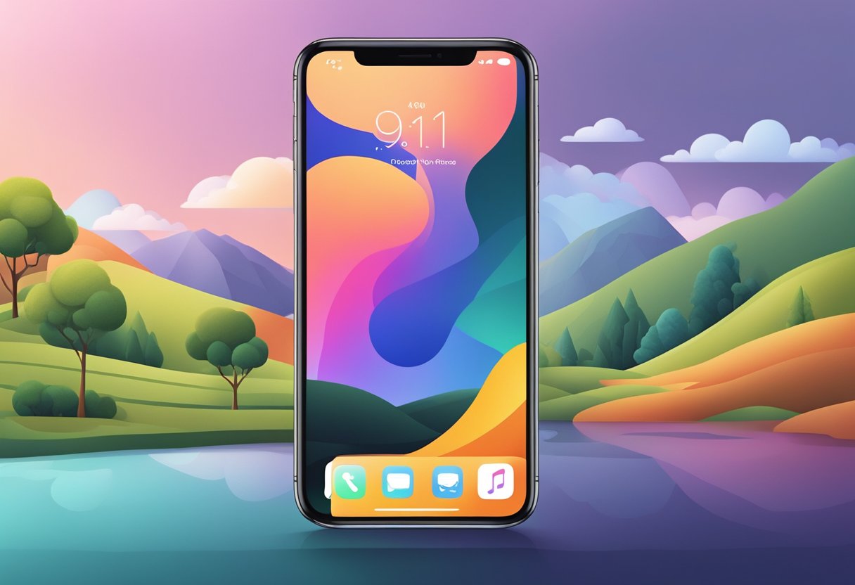 The scene shows a sleek iPhone displaying the iOS 18 home screen. The icons are crisp and vibrant, with a new widget feature prominently displayed. The background showcases a beautiful landscape wallpaper with stunning detail