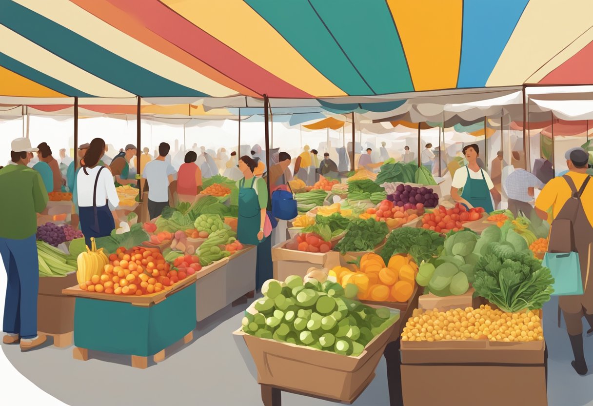 A bustling community market with colorful produce stalls, showcasing sustainable agriculture in Spain