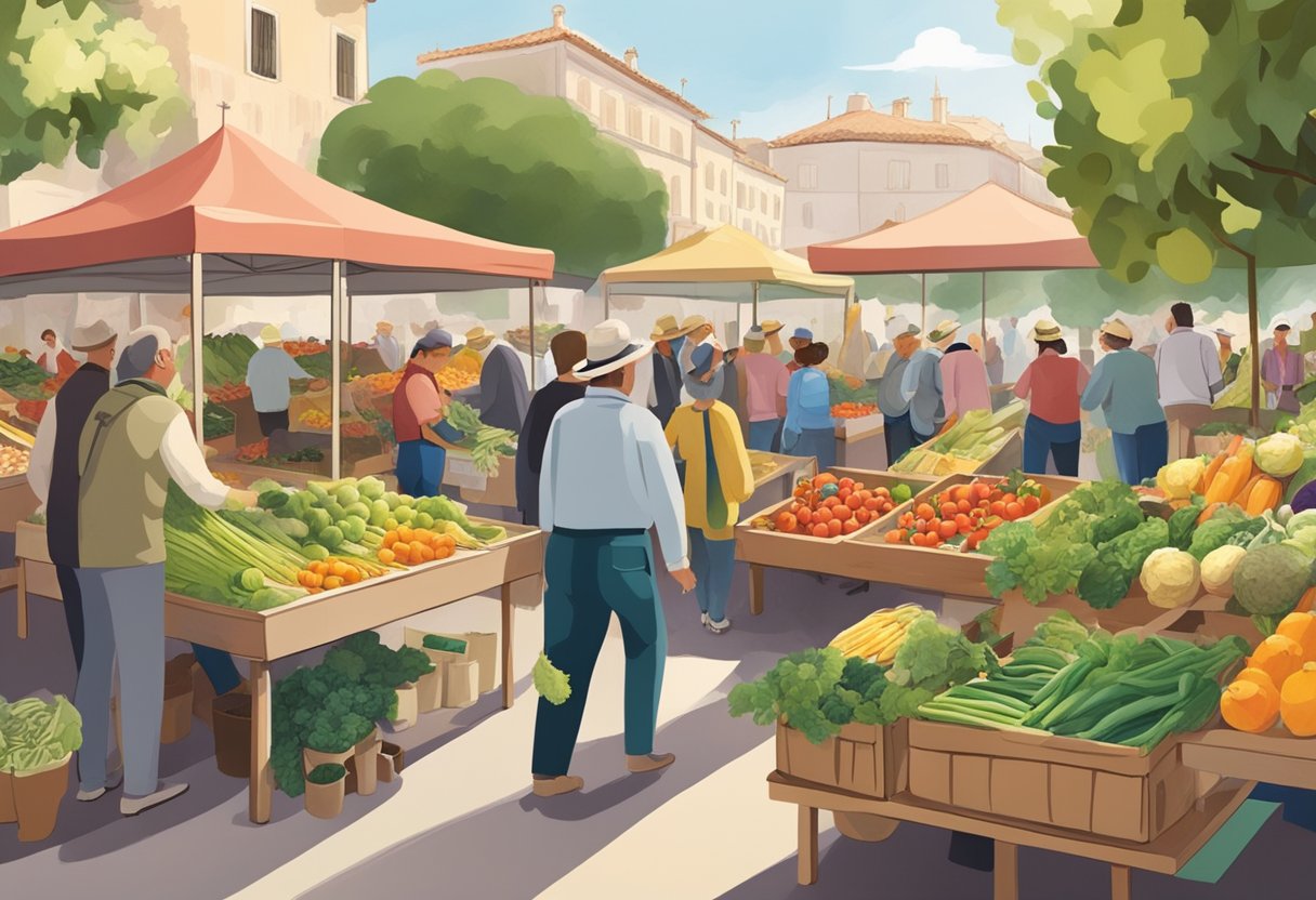 A bustling farmers' market with diverse produce, cooperative members engaging in sustainable farming practices, and government officials discussing agricultural policies in Spain