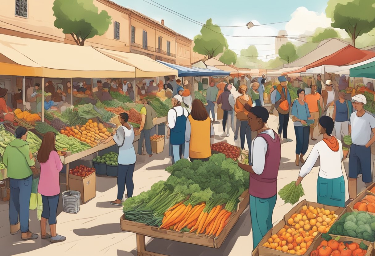 A bustling farmers' market with diverse produce and community members exchanging goods, showcasing the impact of community-driven agricultural cooperatives in Spain