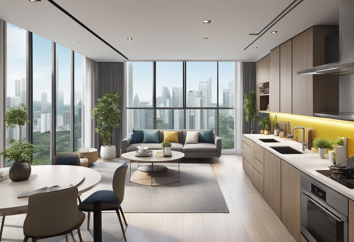 A modern, spacious flat in Singapore with city views and contemporary furnishings. Bright natural light floods the open-concept living area, and a sleek kitchen with stainless steel appliances
