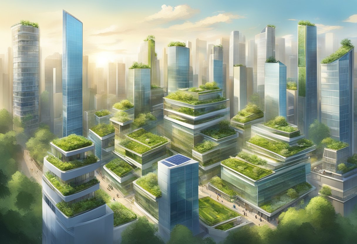 A bustling cityscape with modern buildings, lush greenery, and sustainable design elements like solar panels and green roofs. Innovative technology and eco-friendly practices are evident throughout the urban landscape