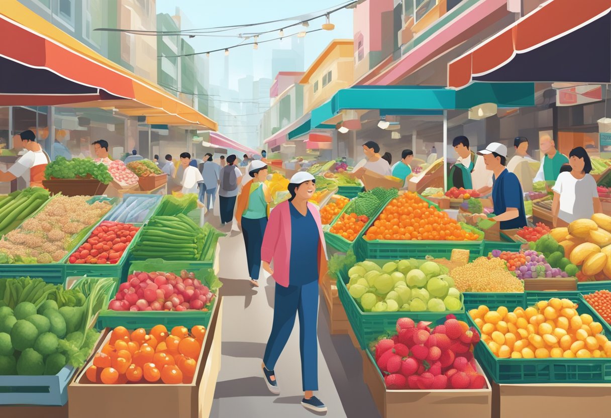 Sheng Siong Singapore: bustling market, colorful produce, busy shoppers, bright signage, and bustling aisles