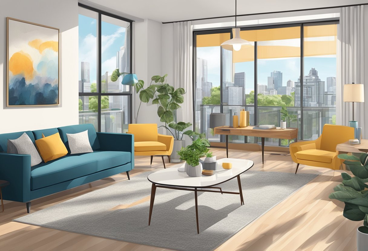 A bright, airy apartment with modern furnishings and a city view. A "For Rent" sign hangs in the window, and a real estate agent shows the space to potential tenants