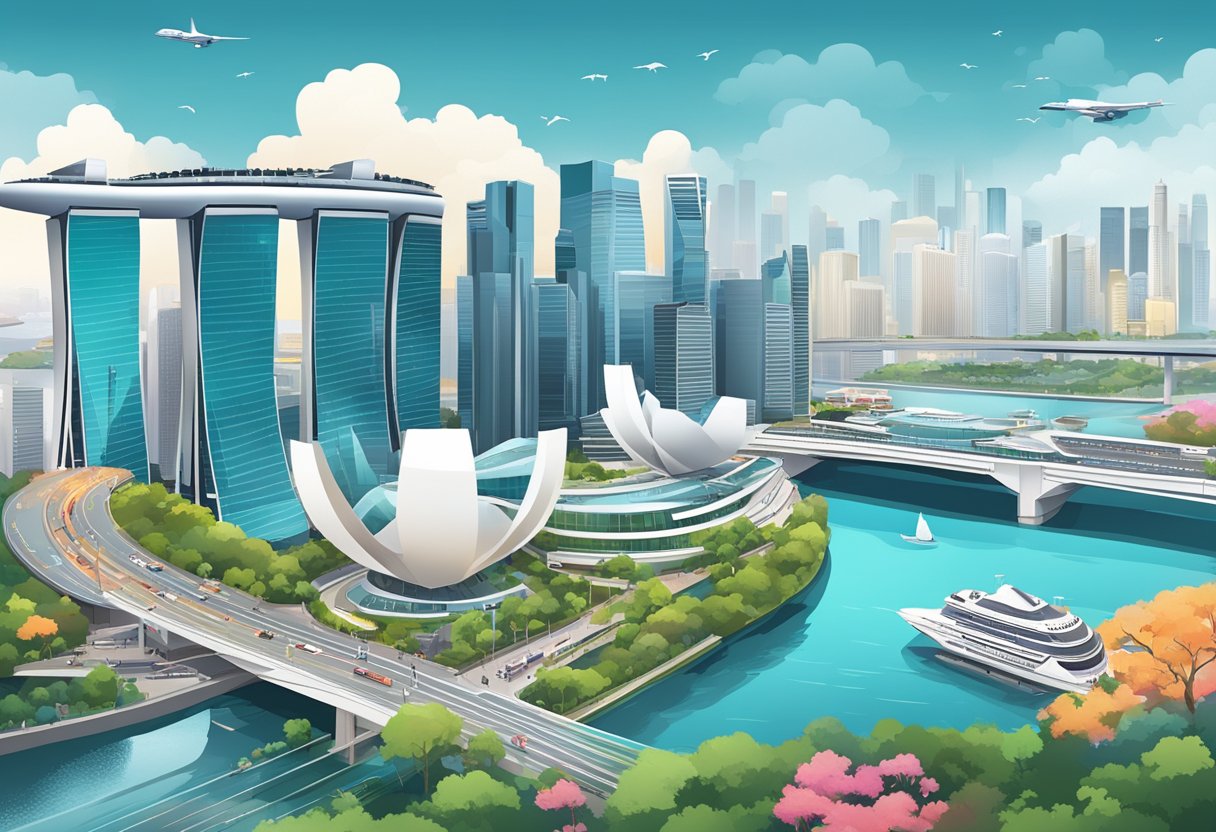 The bustling streets of Singapore, with iconic landmarks like Marina Bay Sands and the futuristic architecture of the city skyline