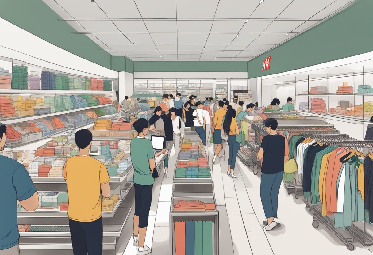 A crowded store with customers browsing shelves, a long queue at the checkout counter, and staff assisting customers at H&M Singapore
