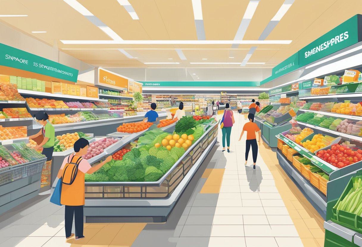 Sheng Siong Singapore: A bustling supermarket with bright aisles, fresh produce, and busy checkout counters