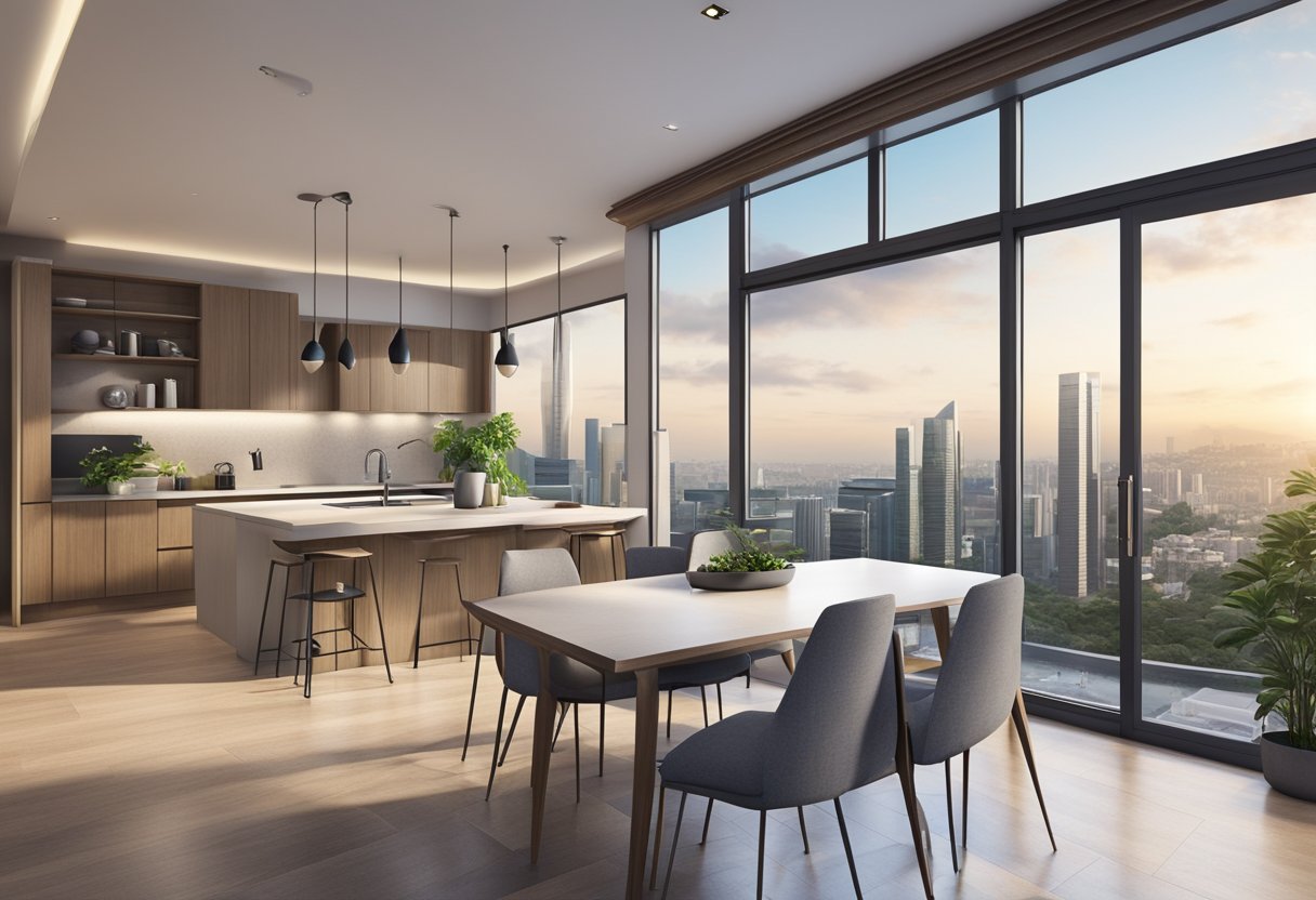 A modern, spacious flat in Singapore with a bright, open living area, sleek kitchen, and large windows offering a view of the city skyline
