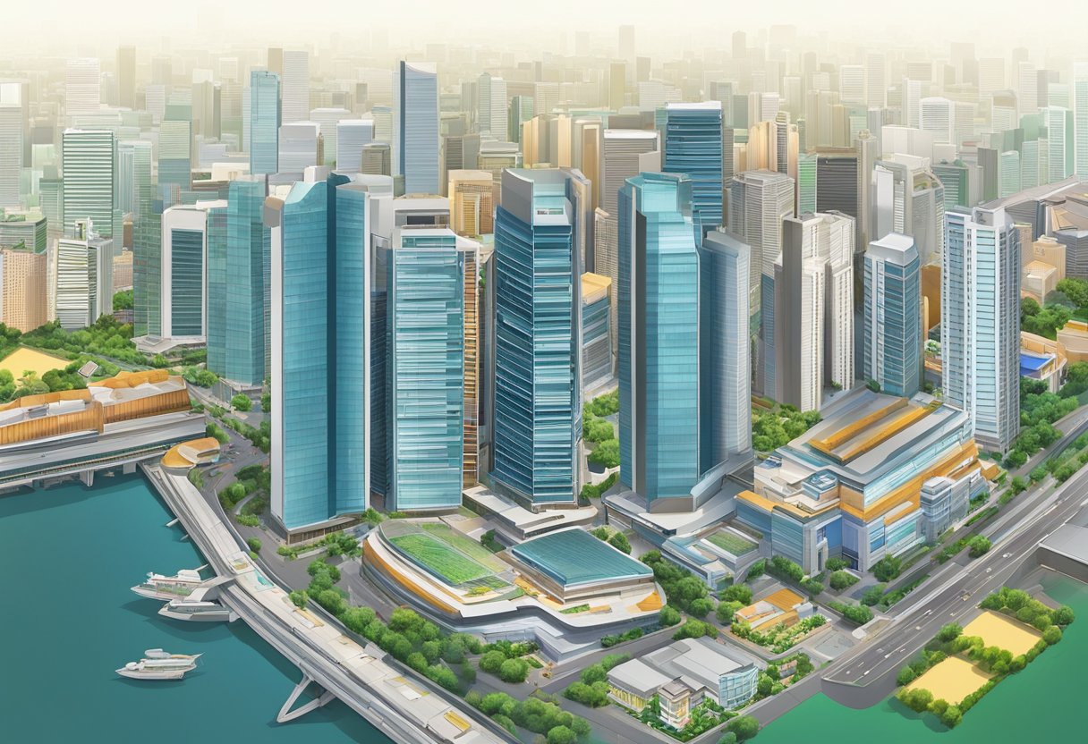 A skyline of Singapore with prominent REIT properties, including office buildings, shopping malls, and industrial estates, symbolizing the diverse nature of REITs in the city