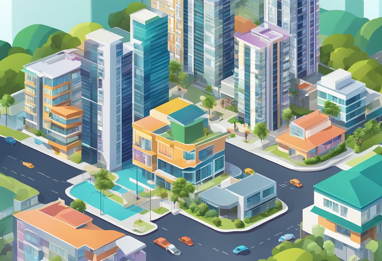 A vibrant cityscape with modern apartment buildings and a "Frequently Asked Questions" sign for a flat in Singapore