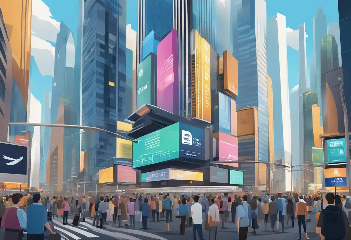 A bustling cityscape with towering skyscrapers, financial district signs, and a dynamic stock market graph displayed on a digital billboard