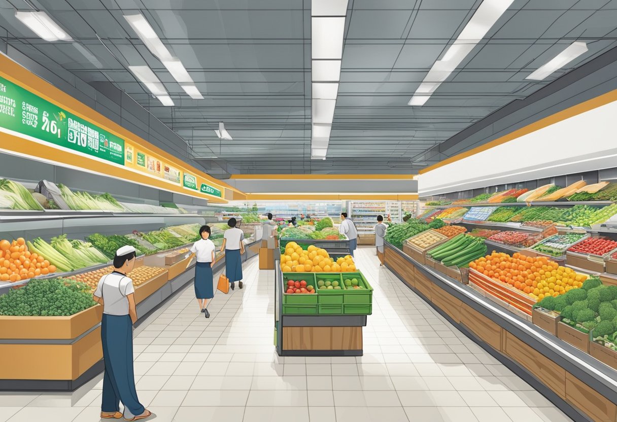 The bustling Sheng Siong supermarket in Singapore showcases efficient operations and sustainable practices. The store is filled with fresh produce, eco-friendly packaging, and energy-saving measures