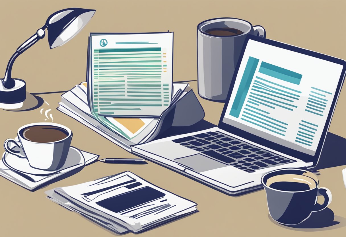 A stack of paper with "Frequently Asked Questions reits singapore" printed on top, surrounded by a laptop, pen, and a cup of coffee