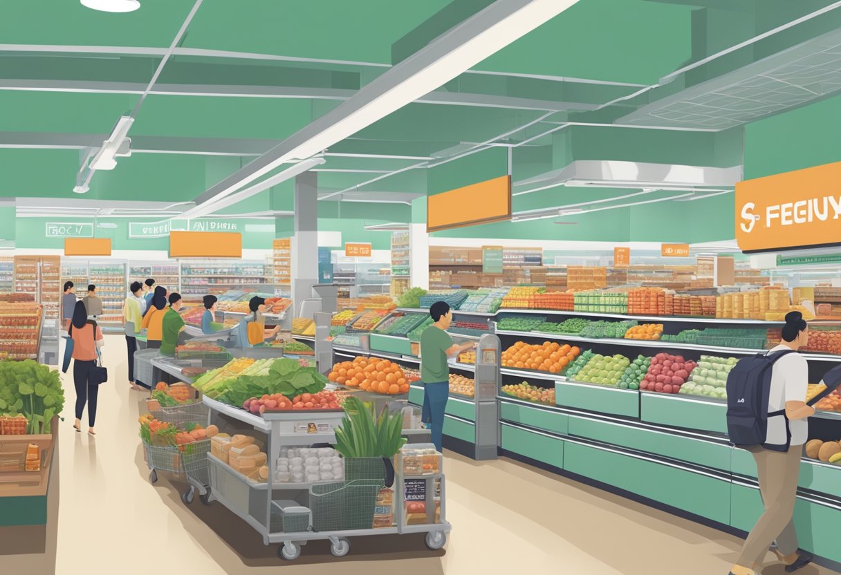 A bustling grocery store with customers browsing aisles, a prominent "Frequently Asked Questions" sign at the front, and Sheng Siong branding throughout