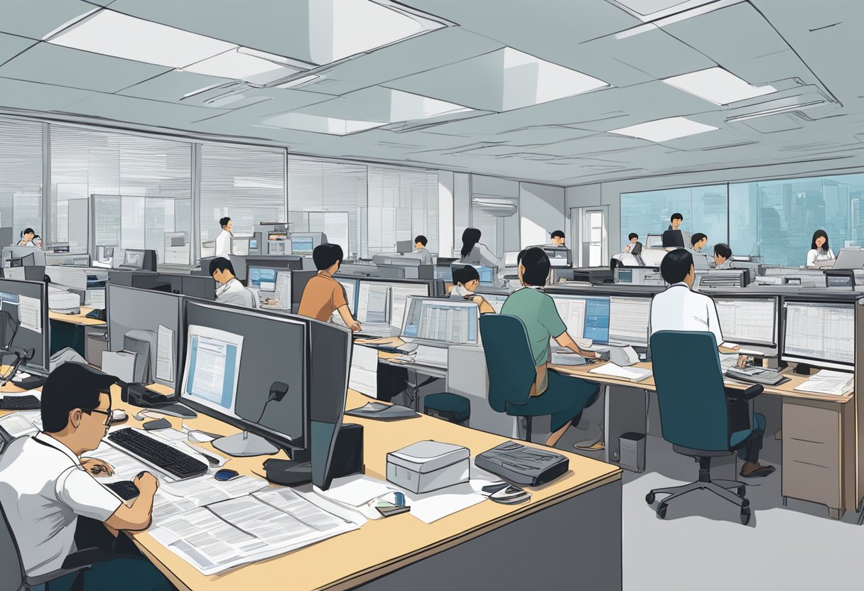 A bustling newsroom at Singapore Press Holdings, with journalists typing away at their desks and editors discussing the day's headlines