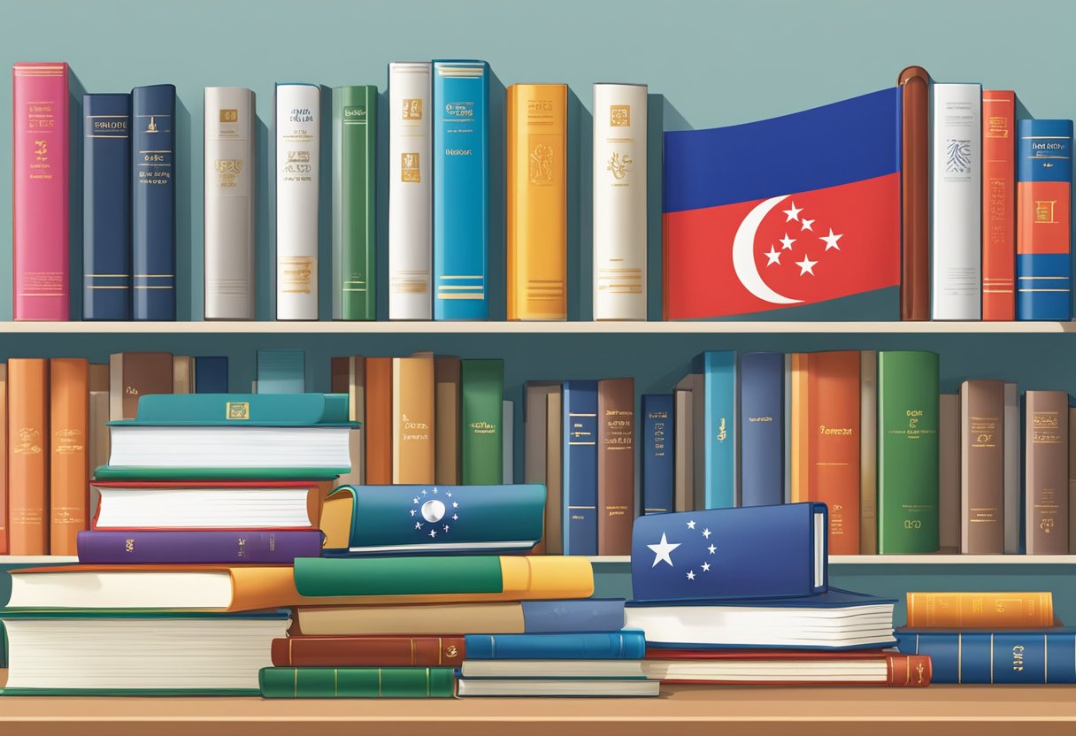 Colorful language textbooks and dictionaries arranged neatly on a desk, with a Singapore flag hanging on the wall in the background
