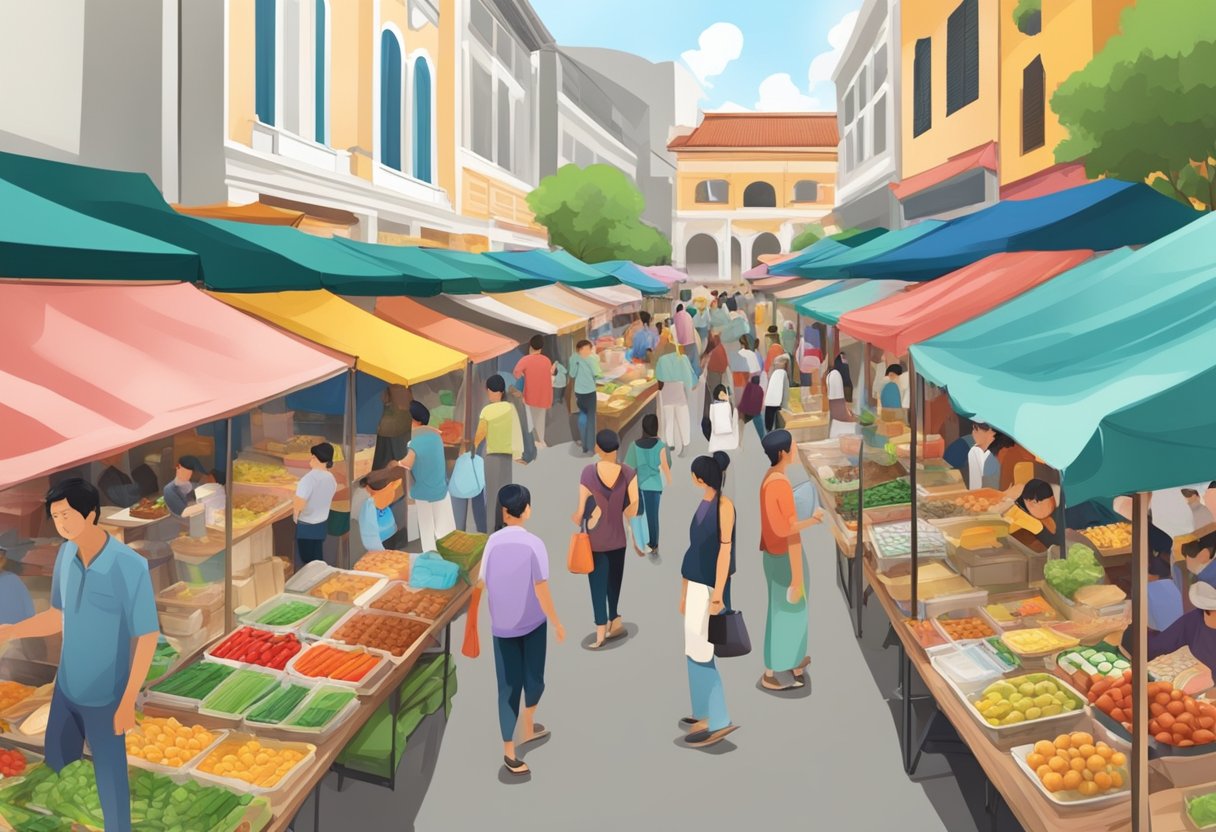 A bustling street market in Singapore, with colorful stalls and vendors selling various goods and food items to eager customers