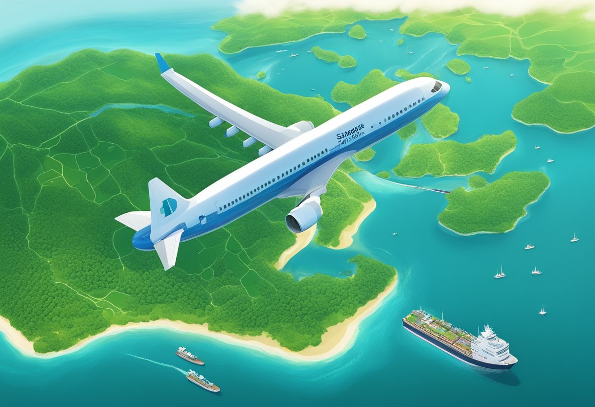 A plane flies over the sparkling blue waters from Singapore to Manila, passing lush green islands and busy shipping lanes