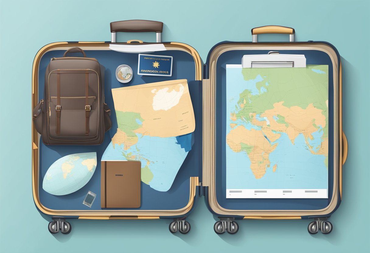 Passport, boarding pass, and map laid out on a table. Suitcase open with clothes being packed. Airplane flying from Singapore to Manila on a world map