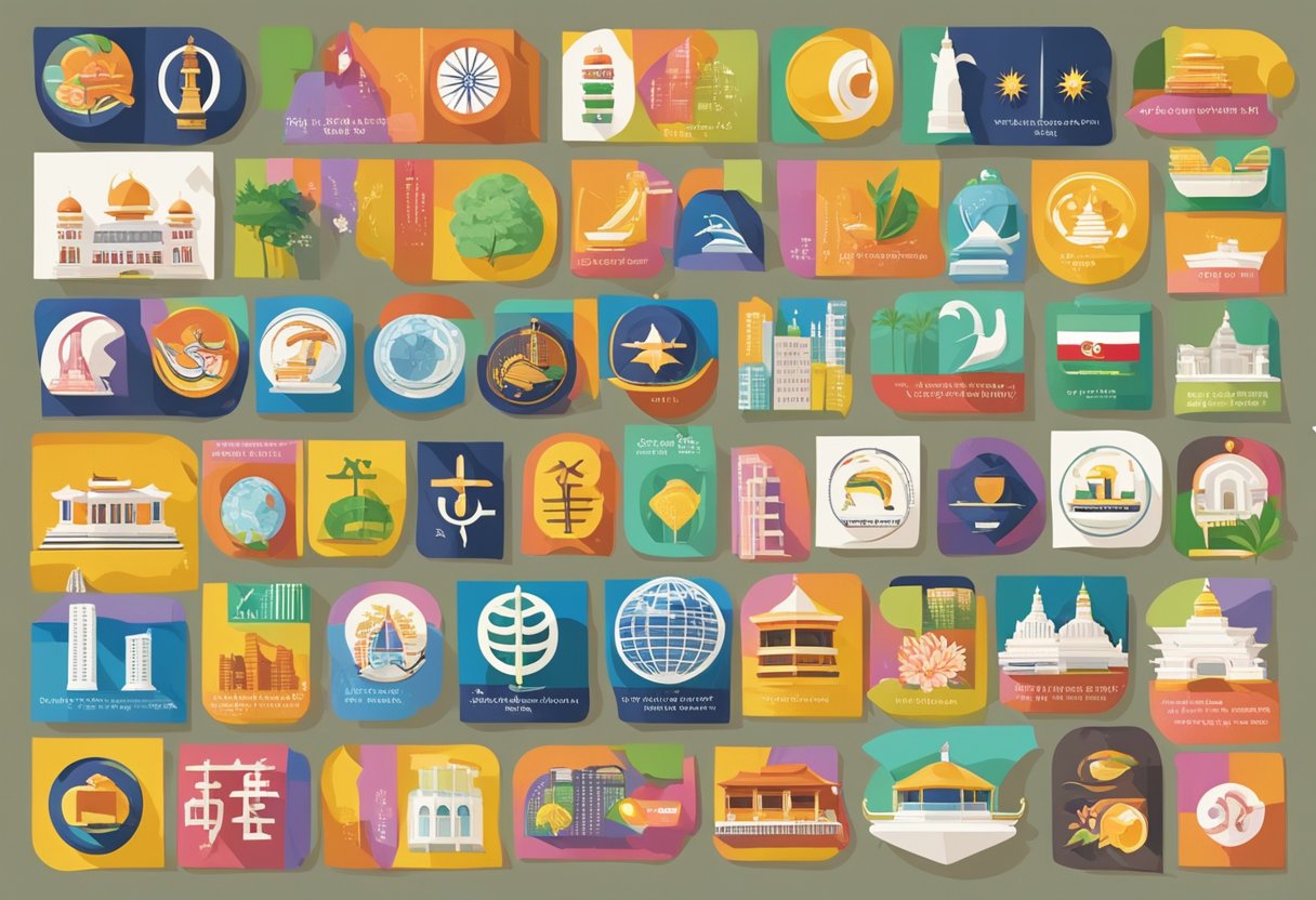 A colorful array of signs and symbols representing the diverse languages of Singapore, including Malay, Mandarin, Tamil, and English